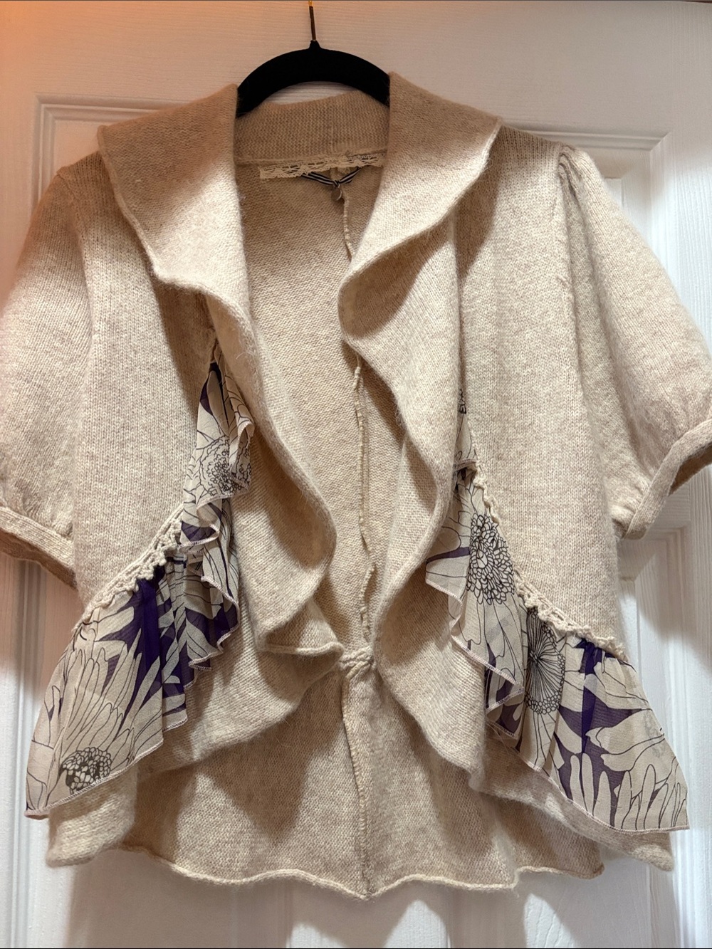 Knitted and Knotted S Cream Ruffle Open-Front Women's Cardigan with Floral Trim